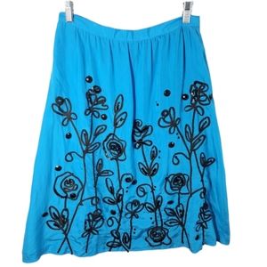 WD - NY Women's Blue Skirt 100% Silk Embroidered Floral Designs Size‎ 6